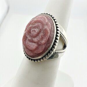 Carolyn Pollack Ring Pink Rose Floral Flower Rhodonite Carved 6 Sterling Silver